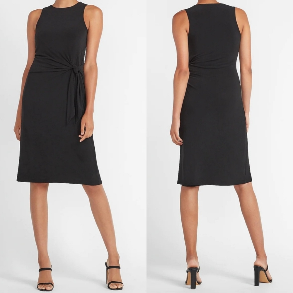 SLEEVELESS SIDE TIE MIDI SHEATH DRESS IN PITCH BLACK